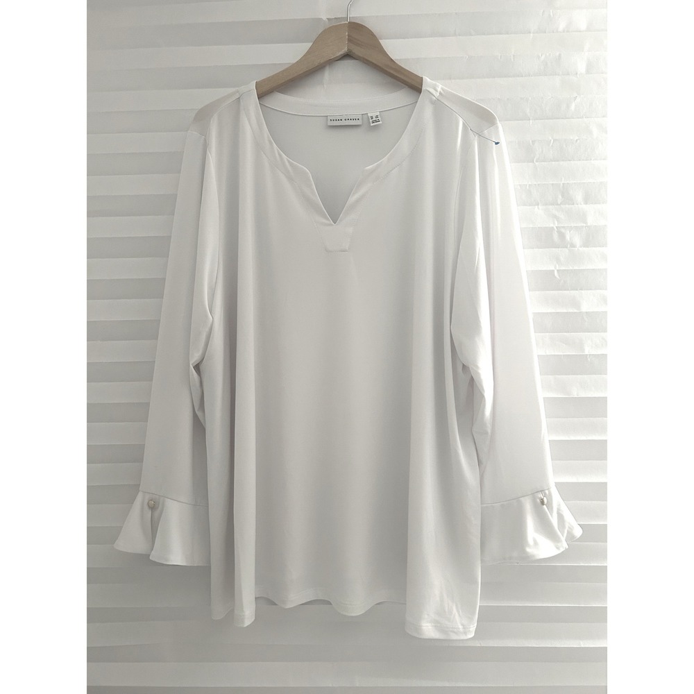 Susan Graver Liquid Knit White Winter Split V-Neck Bell Cuff Top 3X Minimalist